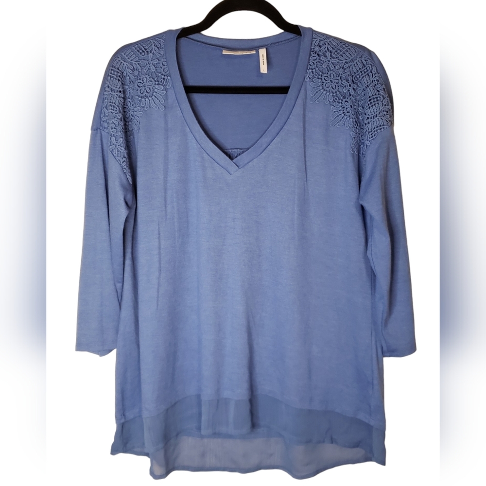 LUQ Womens Blue Eyeshadow Blouse Embroidery Mock Layer Top Size Large